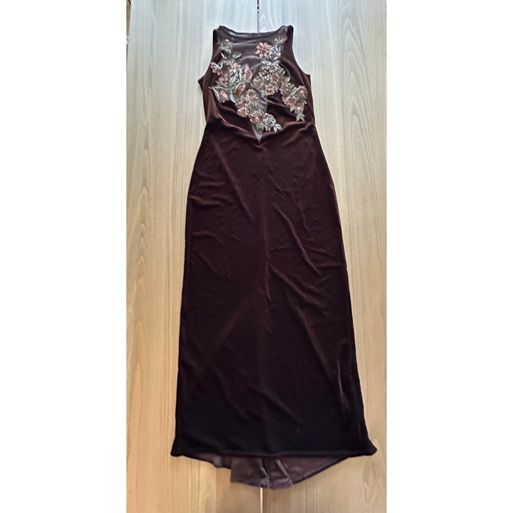 VTG Jessica McClintock Brown Velvet Sleeveless Maxi Dress Floral Embroidery Gown